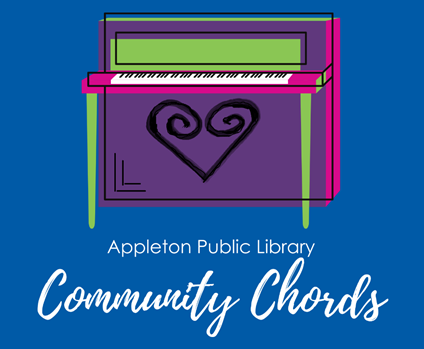 illustrated piano with a heart underneath the keyboard text reads "Appleton Public Library Community Chords"