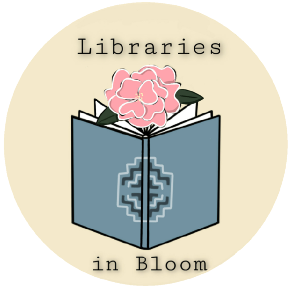 libraries in bloom, logo of an upright open book with a flower poking out the top