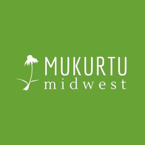 Mukurtu Midwest Logo - white text on green with a coneflower