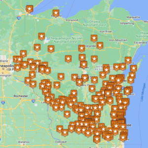 A map of Recollection Wisconsin Content Partners around Wisconsin