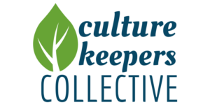 Green milkweed leaf and the and "Culture Keepers Collective" in blue