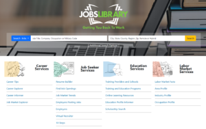 MyJobsLibrary homepage, featuring its four main categories. The Career Services category, which includes Career Tips, Career Explorer, Career Informer, and Job Market Explorer. The Job Seeker Services category, which includes the Resume Builder, Find Job Openings, Job Market Trends, Employers Posting Jobs, Employers, Virtual Recruiter, and 10 Steps. The Educational Services category, which includes Training Providers and Schools, Training and Education Programs, Online Learning Resources, Education Profile Informer, and Scholarship Search. And the Labor Market Services category, which includes Labor Market Facts, Area Profile, Industry Profile, and Occupation Profile.