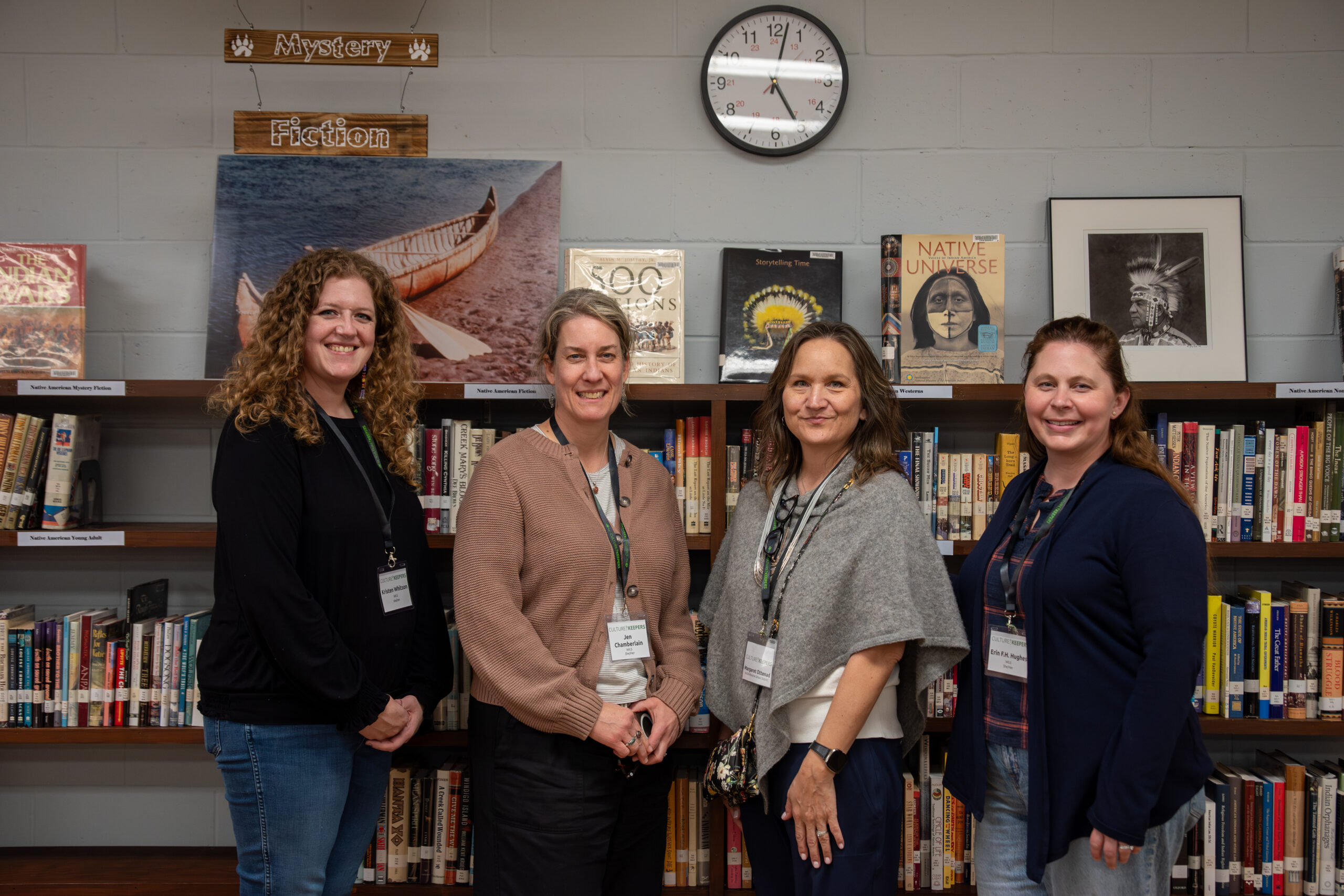 Kristen Whitson, Jennifer Chamberlain, Margaret Ottenad, and Erin Hughes at the Gikendaasowigamig (House of Knowledge) Ben Guthrie Lac du Flambeau Public Library