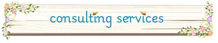 Consulting Services header on a garden sign with flowers and vines and bees